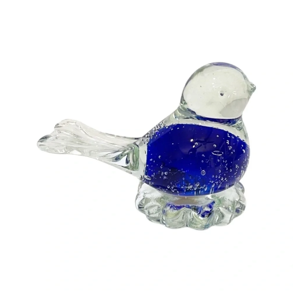 Vintage (2) small Snowflakes blue bird blown clear glass figurines.